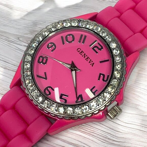 Geneva Pink Silicone Strap Watch With Rhinestone Bezel & Stainless Steel Back - Picture 4 of 5
